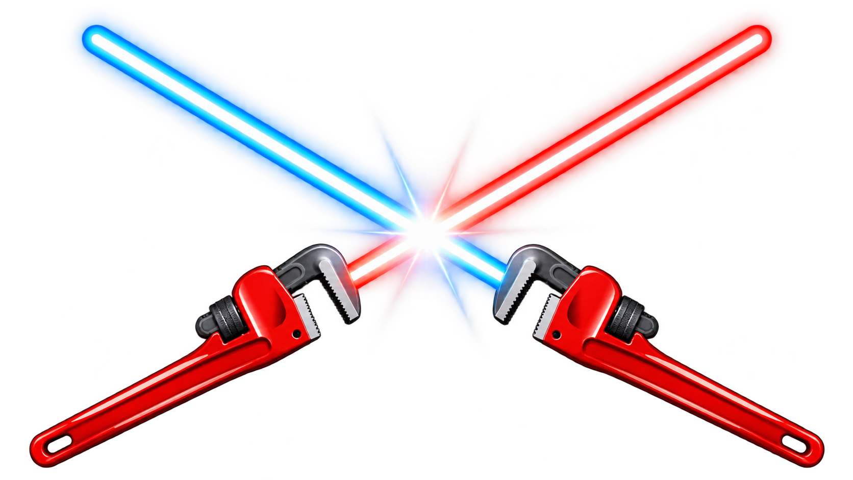 Red pipe wrenches crossed in an X with red and blue lightsaber blades